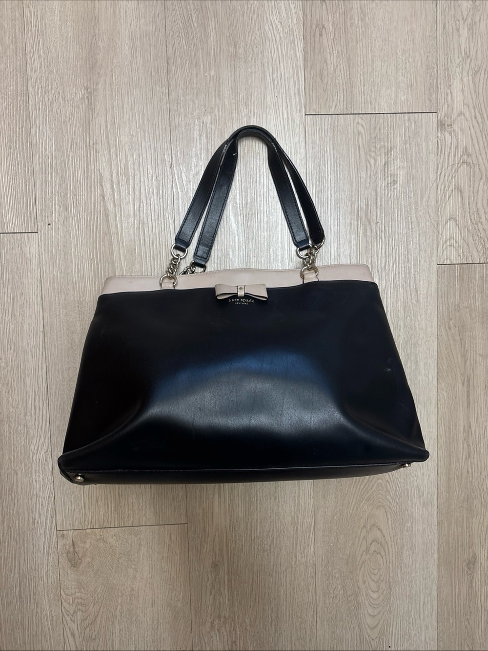kate spade Black and Cream Leather Tote with Bow Accent